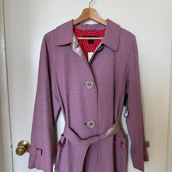 NEW Marc Jacobs Pink Micro Plaid Heart Belted Trench Single Breasted Coat L - Picture 2 of 8